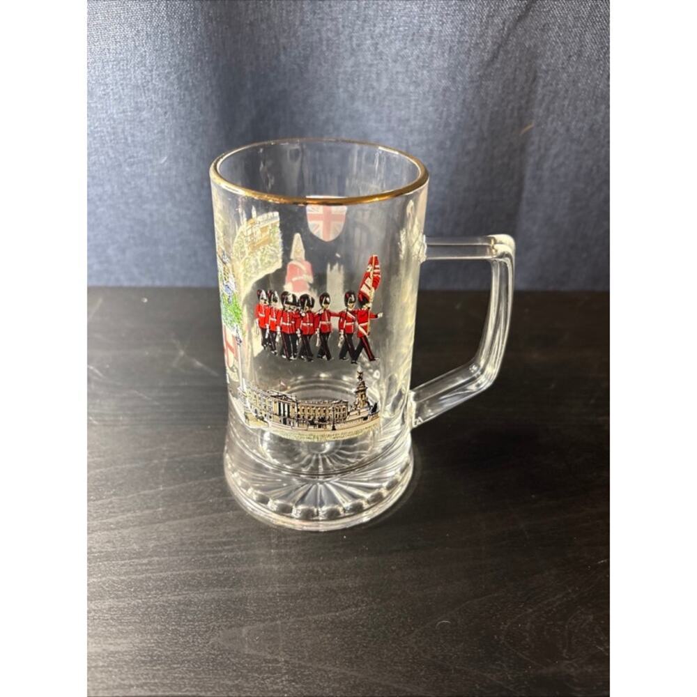 Clear Glass Gold-Rimmed Beer Stein Pint London British Scenes Heavy Bottom
